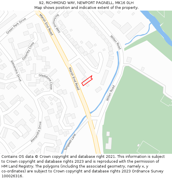 92, RICHMOND WAY, NEWPORT PAGNELL, MK16 0LH: Location map and indicative extent of plot