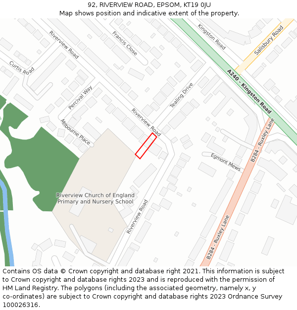 92, RIVERVIEW ROAD, EPSOM, KT19 0JU: Location map and indicative extent of plot