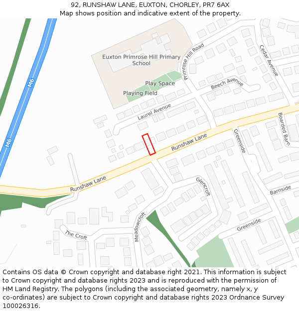 92, RUNSHAW LANE, EUXTON, CHORLEY, PR7 6AX: Location map and indicative extent of plot
