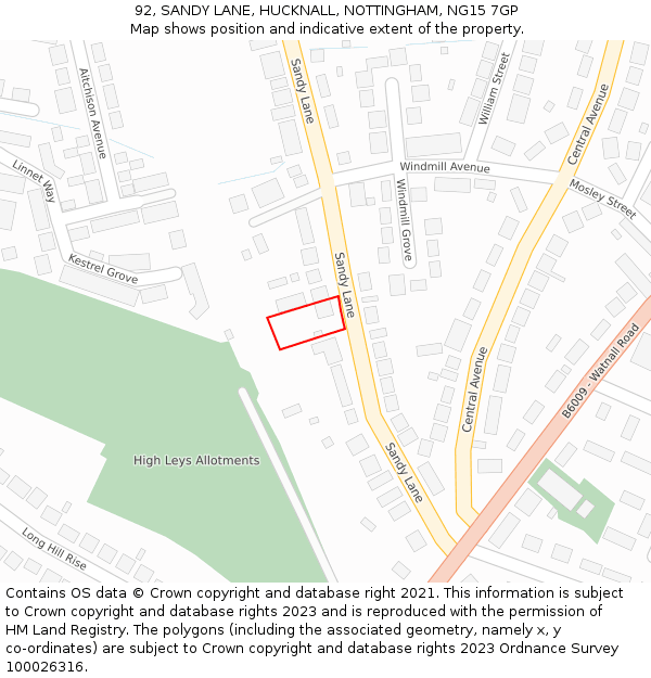 92, SANDY LANE, HUCKNALL, NOTTINGHAM, NG15 7GP: Location map and indicative extent of plot