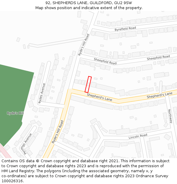 92, SHEPHERDS LANE, GUILDFORD, GU2 9SW: Location map and indicative extent of plot