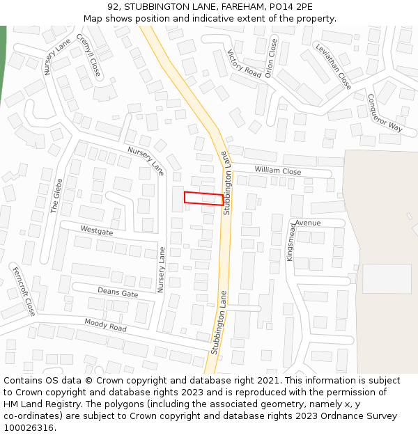 92, STUBBINGTON LANE, FAREHAM, PO14 2PE: Location map and indicative extent of plot