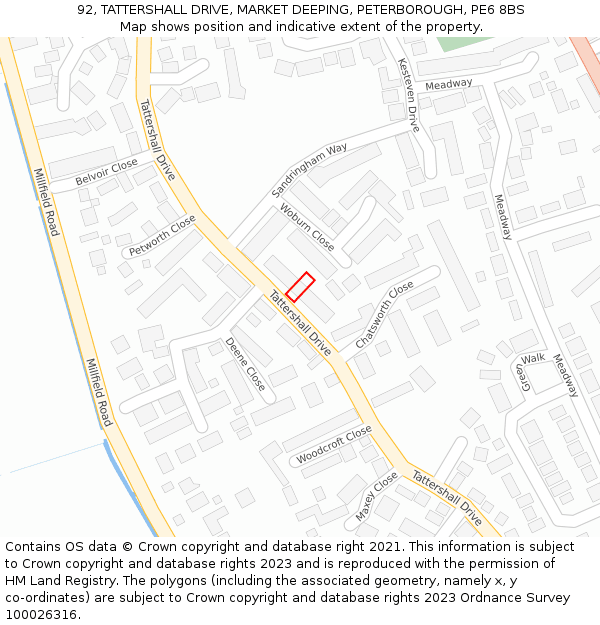 92, TATTERSHALL DRIVE, MARKET DEEPING, PETERBOROUGH, PE6 8BS: Location map and indicative extent of plot