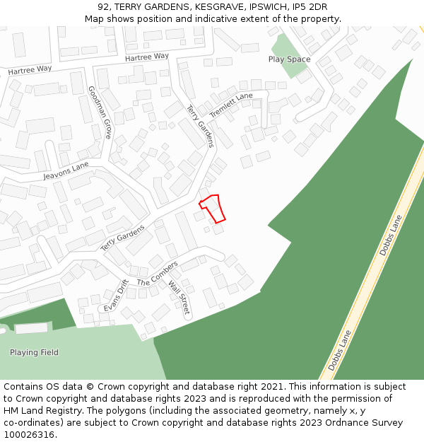 92, TERRY GARDENS, KESGRAVE, IPSWICH, IP5 2DR: Location map and indicative extent of plot