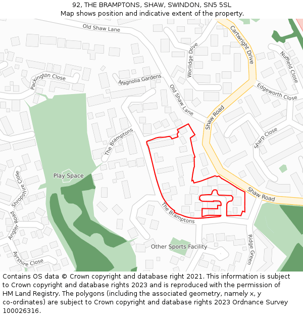 92, THE BRAMPTONS, SHAW, SWINDON, SN5 5SL: Location map and indicative extent of plot