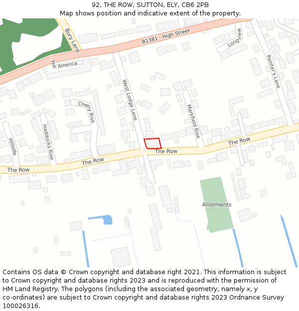 92, THE ROW, SUTTON, ELY, CB6 2PB: Location map and indicative extent of plot