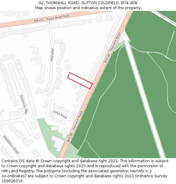 92, THORNHILL ROAD, SUTTON COLDFIELD, B74 3EW: Location map and indicative extent of plot