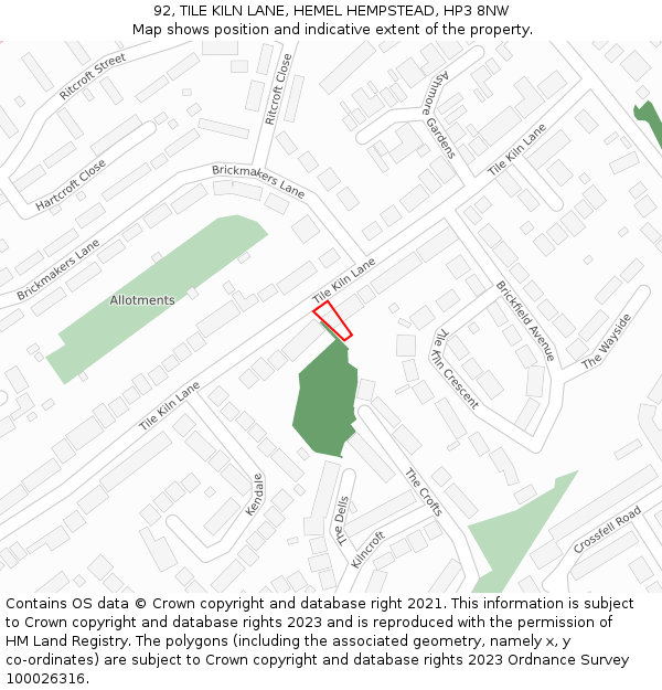 92, TILE KILN LANE, HEMEL HEMPSTEAD, HP3 8NW: Location map and indicative extent of plot