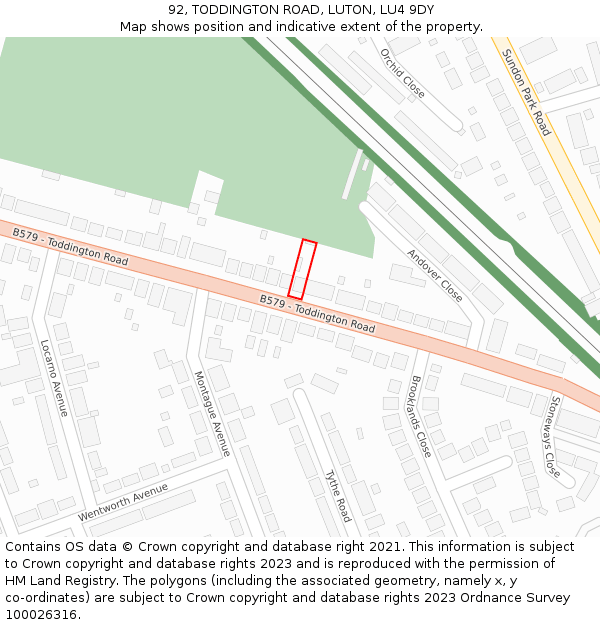 92, TODDINGTON ROAD, LUTON, LU4 9DY: Location map and indicative extent of plot