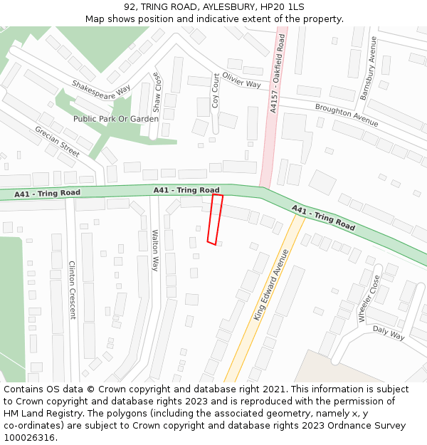 92, TRING ROAD, AYLESBURY, HP20 1LS: Location map and indicative extent of plot