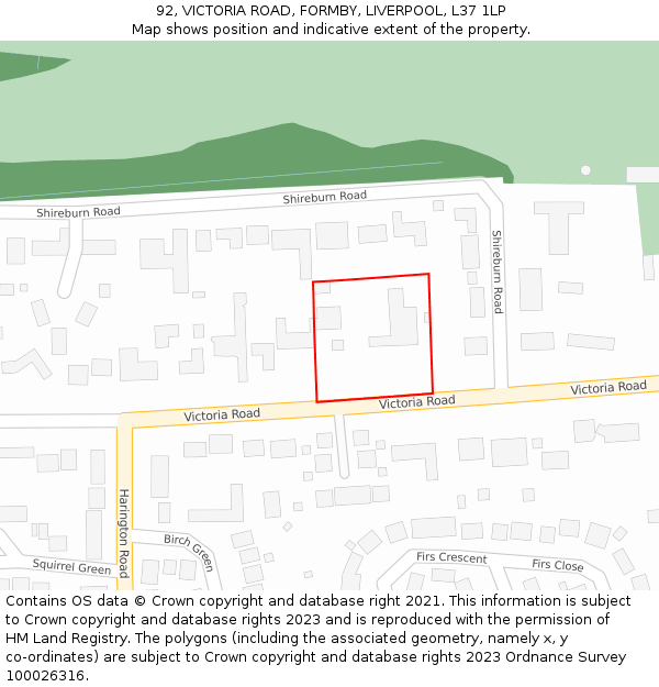 92, VICTORIA ROAD, FORMBY, LIVERPOOL, L37 1LP: Location map and indicative extent of plot