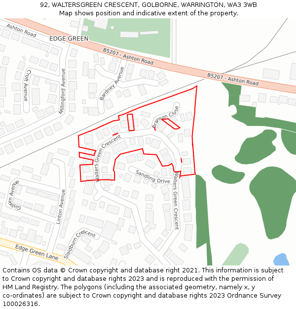 92, WALTERSGREEN CRESCENT, GOLBORNE, WARRINGTON, WA3 3WB: Location map and indicative extent of plot