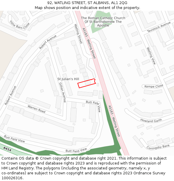 92, WATLING STREET, ST ALBANS, AL1 2QG: Location map and indicative extent of plot