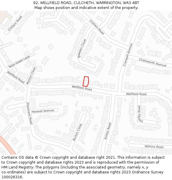 92, WELLFIELD ROAD, CULCHETH, WARRINGTON, WA3 4BT: Location map and indicative extent of plot