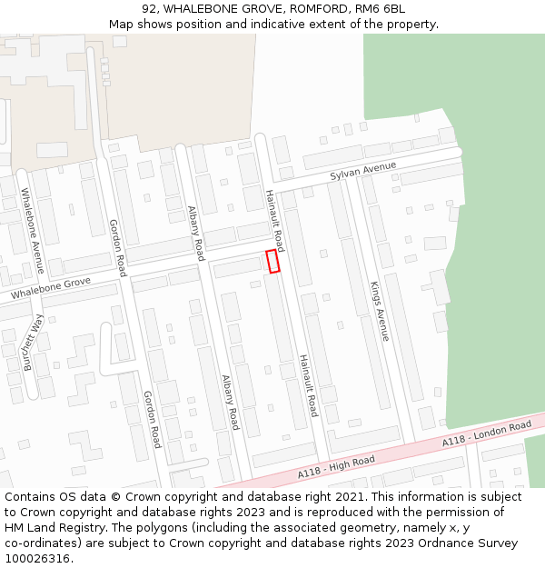 92, WHALEBONE GROVE, ROMFORD, RM6 6BL: Location map and indicative extent of plot