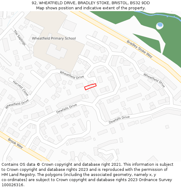 92, WHEATFIELD DRIVE, BRADLEY STOKE, BRISTOL, BS32 9DD: Location map and indicative extent of plot