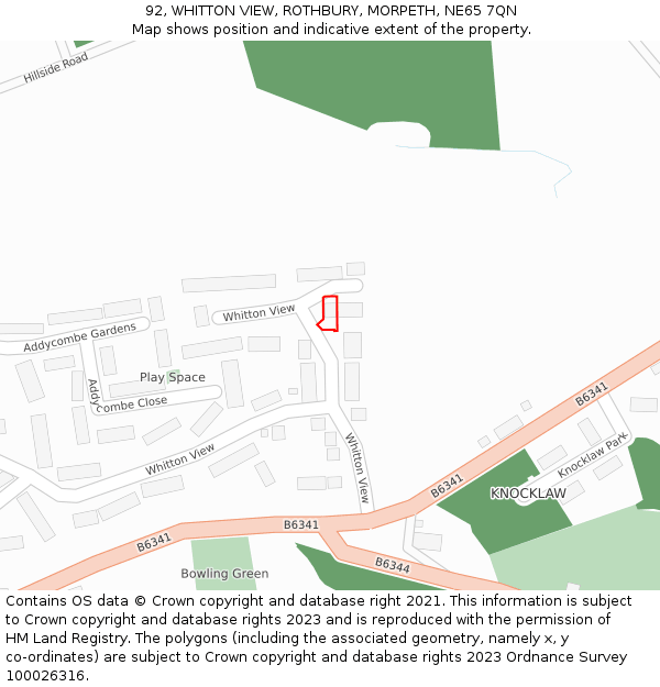 92, WHITTON VIEW, ROTHBURY, MORPETH, NE65 7QN: Location map and indicative extent of plot