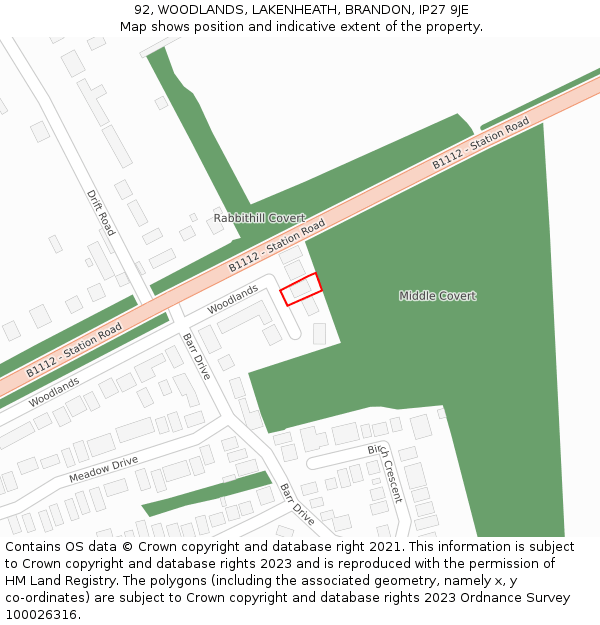 92, WOODLANDS, LAKENHEATH, BRANDON, IP27 9JE: Location map and indicative extent of plot