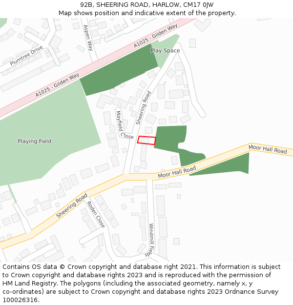 92B, SHEERING ROAD, HARLOW, CM17 0JW: Location map and indicative extent of plot