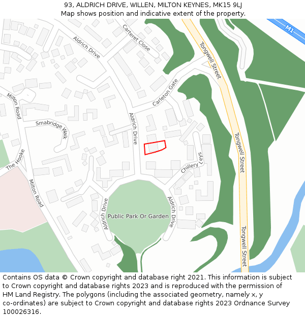 93, ALDRICH DRIVE, WILLEN, MILTON KEYNES, MK15 9LJ: Location map and indicative extent of plot