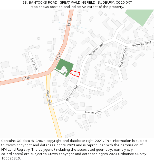 93, BANTOCKS ROAD, GREAT WALDINGFIELD, SUDBURY, CO10 0XT: Location map and indicative extent of plot