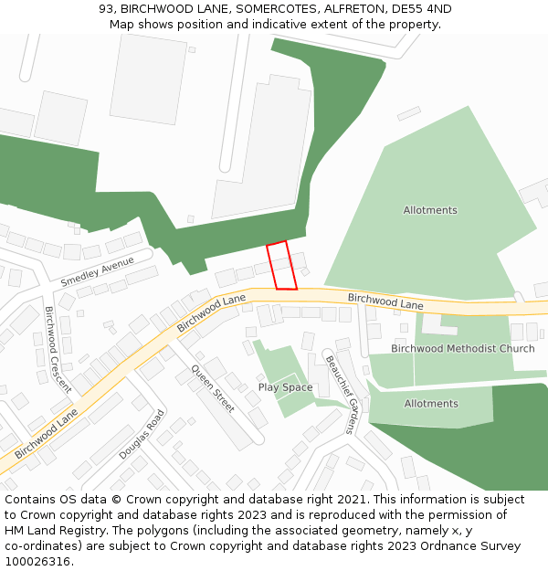 93, BIRCHWOOD LANE, SOMERCOTES, ALFRETON, DE55 4ND: Location map and indicative extent of plot