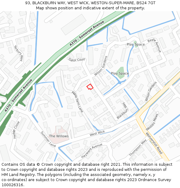 93, BLACKBURN WAY, WEST WICK, WESTON-SUPER-MARE, BS24 7GT: Location map and indicative extent of plot