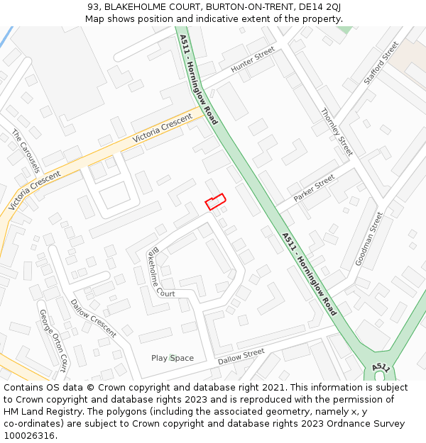 93, BLAKEHOLME COURT, BURTON-ON-TRENT, DE14 2QJ: Location map and indicative extent of plot