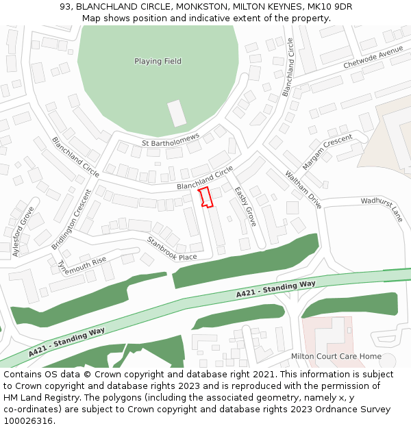 93, BLANCHLAND CIRCLE, MONKSTON, MILTON KEYNES, MK10 9DR: Location map and indicative extent of plot