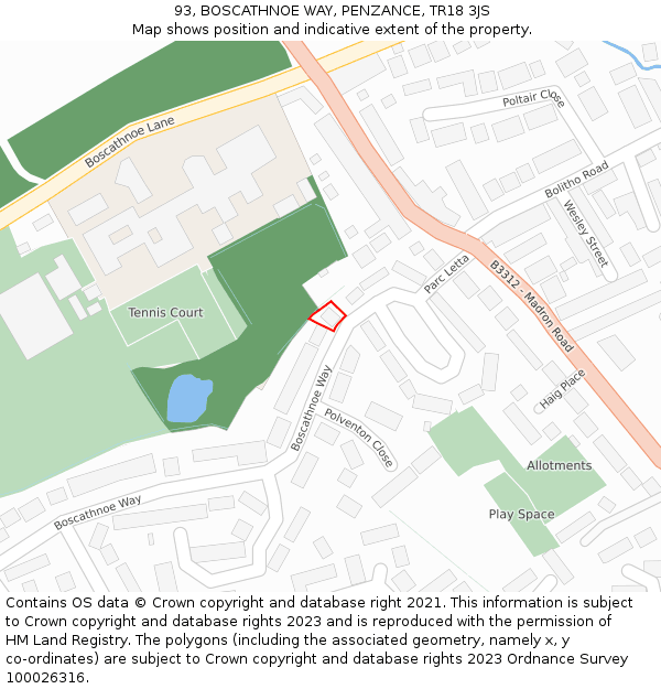 93, BOSCATHNOE WAY, PENZANCE, TR18 3JS: Location map and indicative extent of plot