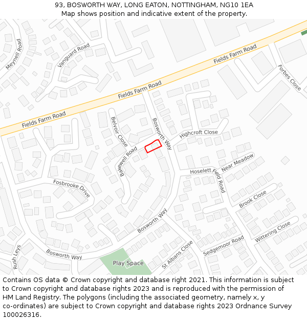 93, BOSWORTH WAY, LONG EATON, NOTTINGHAM, NG10 1EA: Location map and indicative extent of plot