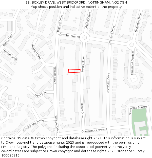 93, BOXLEY DRIVE, WEST BRIDGFORD, NOTTINGHAM, NG2 7GN: Location map and indicative extent of plot