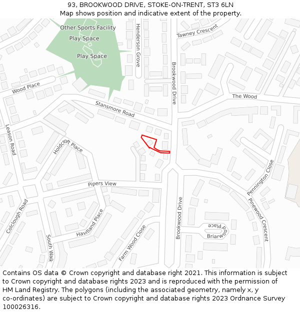 93, BROOKWOOD DRIVE, STOKE-ON-TRENT, ST3 6LN: Location map and indicative extent of plot