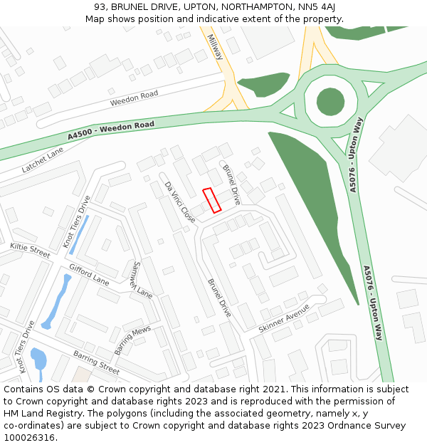 93, BRUNEL DRIVE, UPTON, NORTHAMPTON, NN5 4AJ: Location map and indicative extent of plot