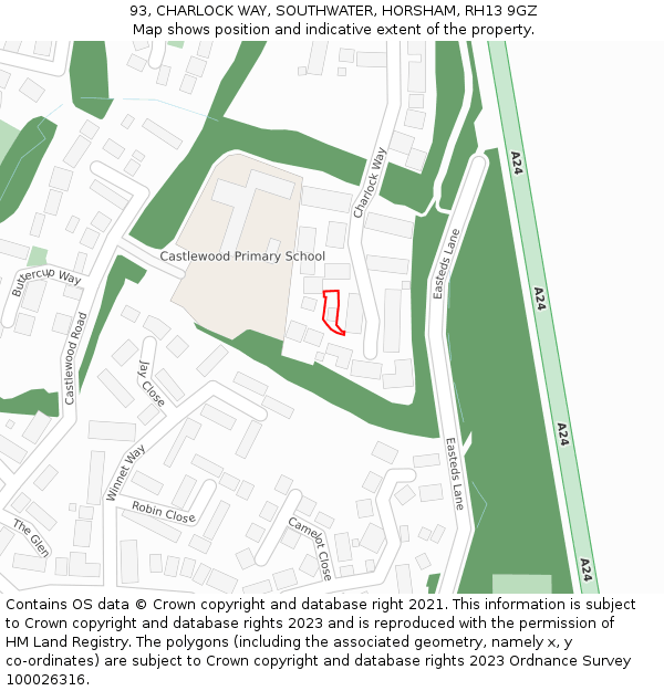 93, CHARLOCK WAY, SOUTHWATER, HORSHAM, RH13 9GZ: Location map and indicative extent of plot