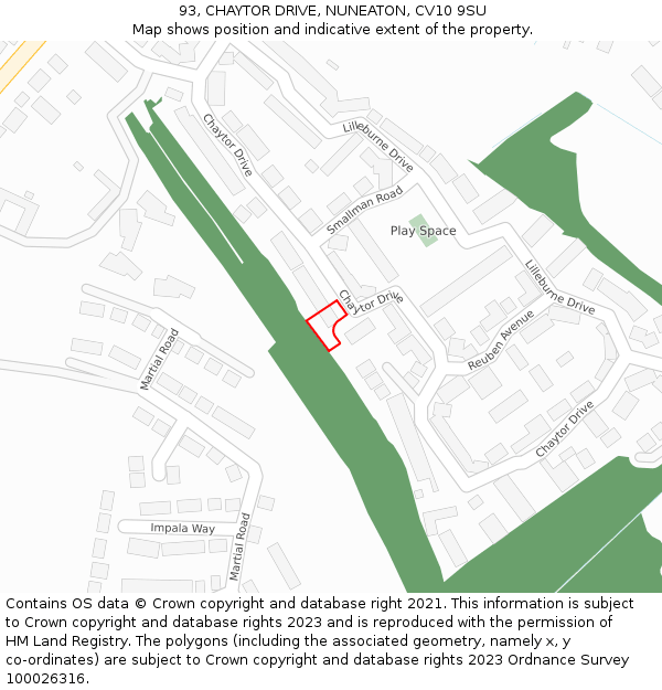 93, CHAYTOR DRIVE, NUNEATON, CV10 9SU: Location map and indicative extent of plot