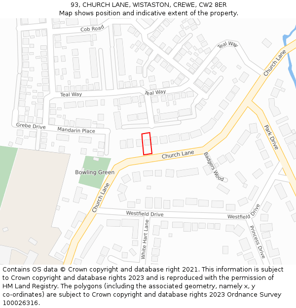 93, CHURCH LANE, WISTASTON, CREWE, CW2 8ER: Location map and indicative extent of plot