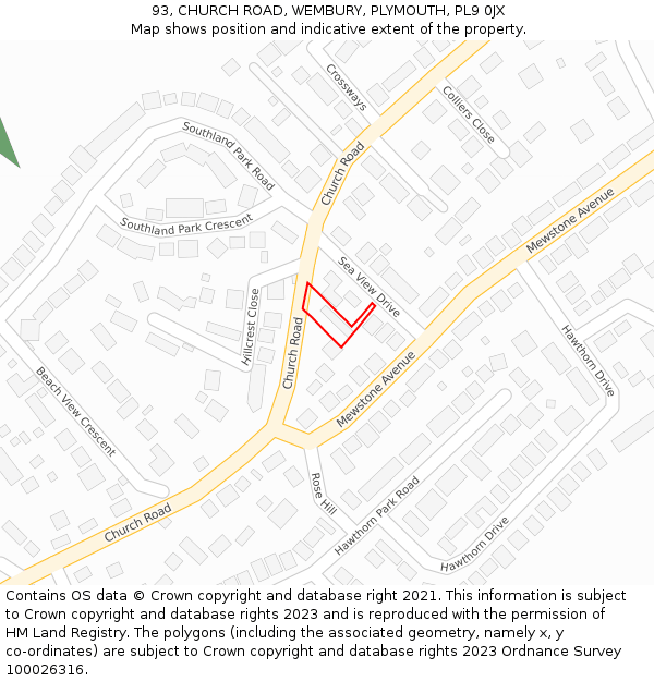 93, CHURCH ROAD, WEMBURY, PLYMOUTH, PL9 0JX: Location map and indicative extent of plot