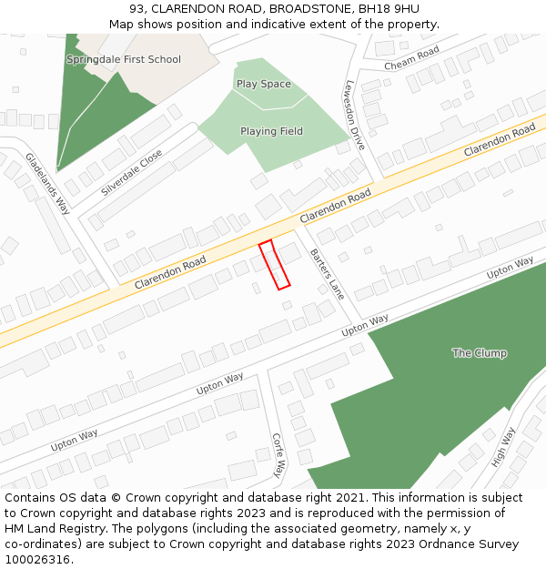 93, CLARENDON ROAD, BROADSTONE, BH18 9HU: Location map and indicative extent of plot