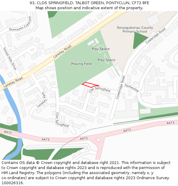 93, CLOS SPRINGFIELD, TALBOT GREEN, PONTYCLUN, CF72 8FE: Location map and indicative extent of plot