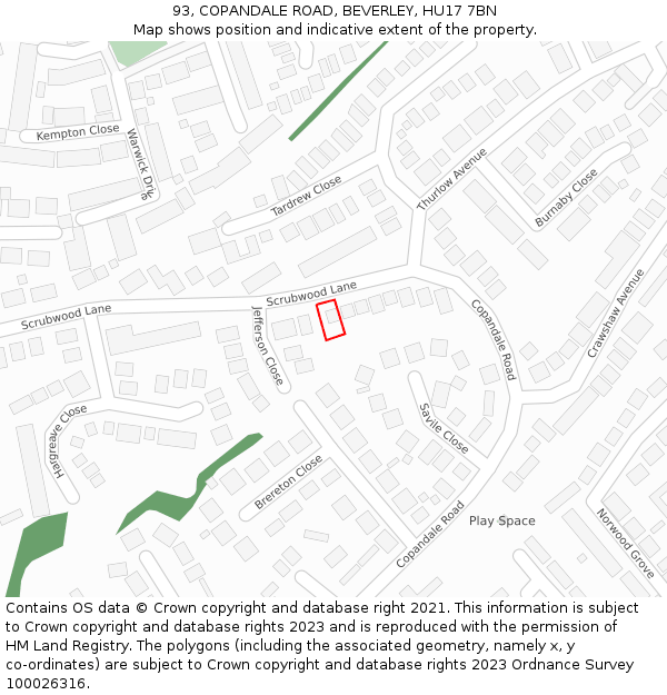 93, COPANDALE ROAD, BEVERLEY, HU17 7BN: Location map and indicative extent of plot