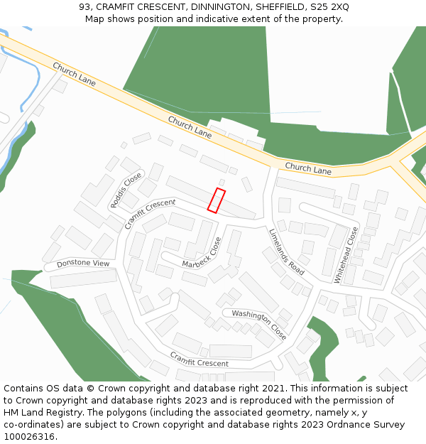 93, CRAMFIT CRESCENT, DINNINGTON, SHEFFIELD, S25 2XQ: Location map and indicative extent of plot