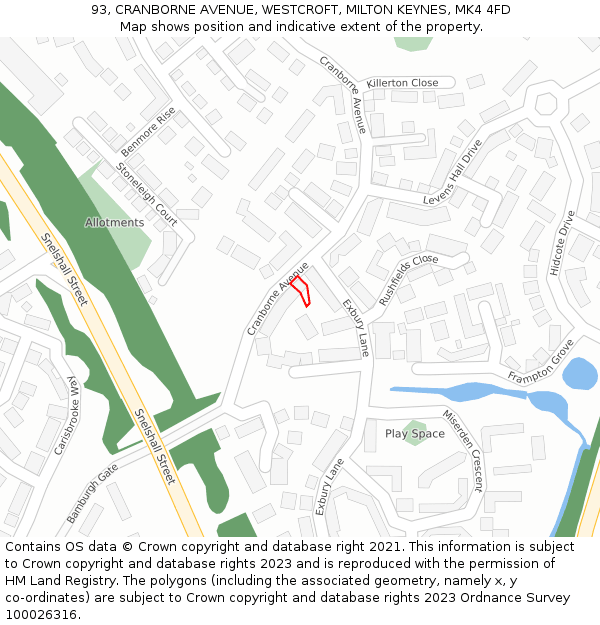 93, CRANBORNE AVENUE, WESTCROFT, MILTON KEYNES, MK4 4FD: Location map and indicative extent of plot