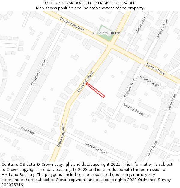 93, CROSS OAK ROAD, BERKHAMSTED, HP4 3HZ: Location map and indicative extent of plot