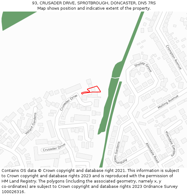 93, CRUSADER DRIVE, SPROTBROUGH, DONCASTER, DN5 7RS: Location map and indicative extent of plot