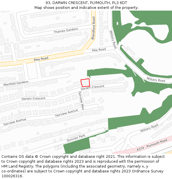 93, DARWIN CRESCENT, PLYMOUTH, PL3 6DT: Location map and indicative extent of plot