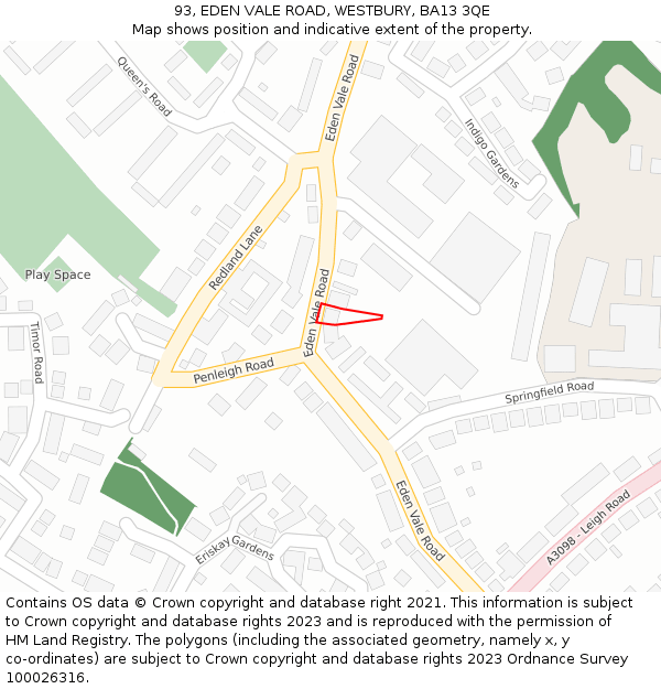 93, EDEN VALE ROAD, WESTBURY, BA13 3QE: Location map and indicative extent of plot