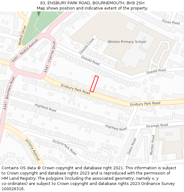 93, ENSBURY PARK ROAD, BOURNEMOUTH, BH9 2SH: Location map and indicative extent of plot