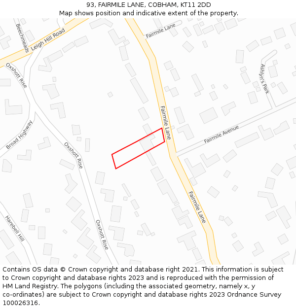 93, FAIRMILE LANE, COBHAM, KT11 2DD: Location map and indicative extent of plot