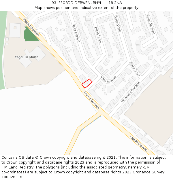 93, FFORDD DERWEN, RHYL, LL18 2NA: Location map and indicative extent of plot